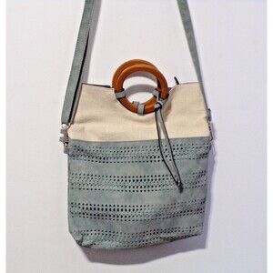 Suede & Burlap Wooden Handbag Crossbody Green & Beige 13" high x 11" wide x 1" d